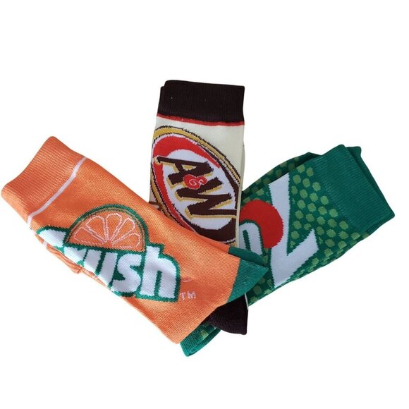 NEW Adult Crew Fun Novelty Sodas Socks Orange Crush 7-Up A&W Root Beer Gift Sox - Picture 2 of 9
